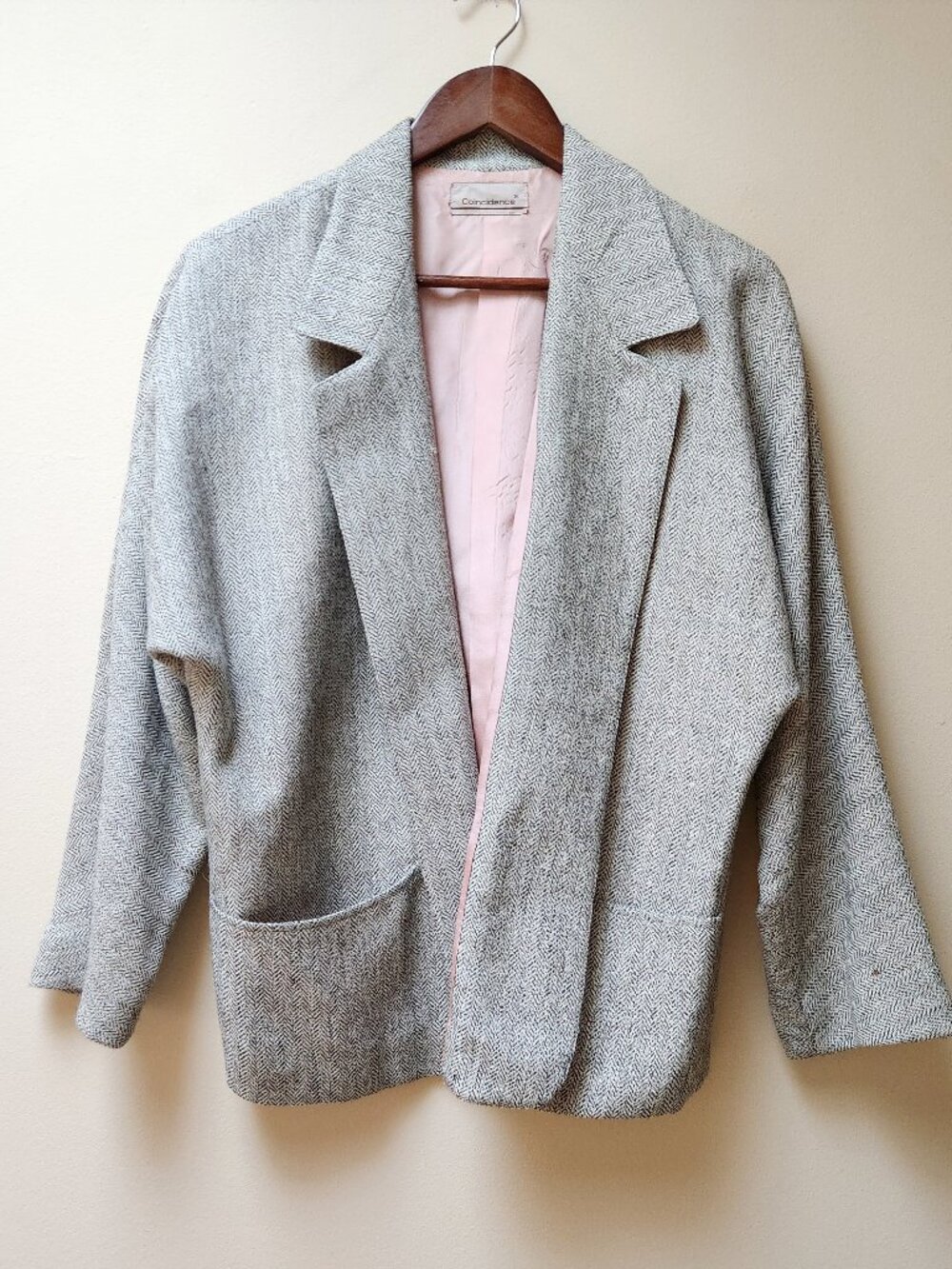 Vintage Boxy Fit Grey Herringbone Blazer Jacket
